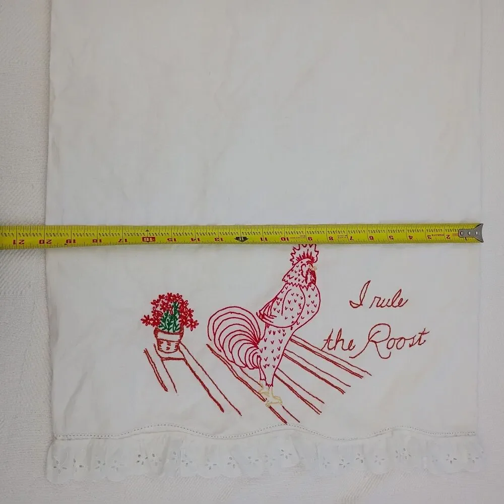 VTG Hand Embroidered Rooster Pillowcase White Eyelet Trim 20x30 Queen Cottage